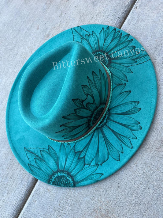 Teal sunflower burned suede wide brim rancher hat